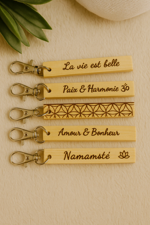 Porte-clés en bois de palo santo gravé - protection énergétique et artisanat sacré