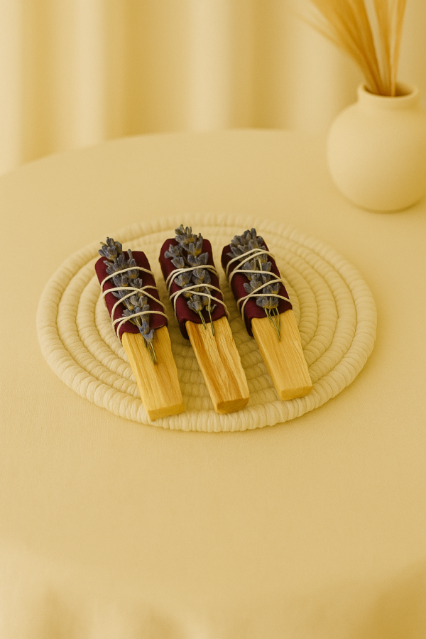 Bâton de palo santo decoré de fleurs séchées - Lavande et rose - purification, douceur et amour