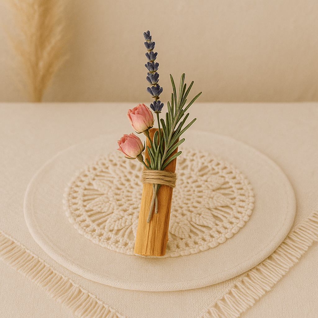 Bâton de palo santo avec fleurs et plantes sacrées pour la purification et les rituels sacrés