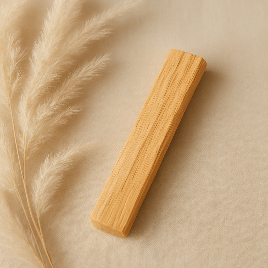 Bâton de Palo Santo naturel sur fond beige avec plume de pampas – rituel de purification énergétique