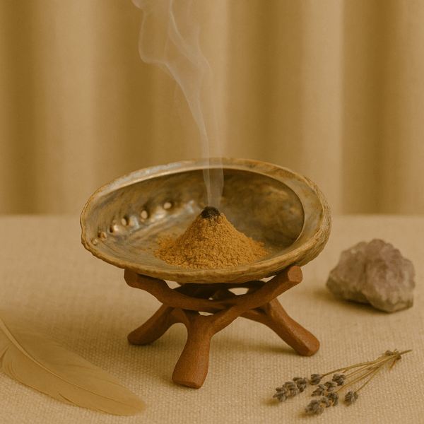 Encens en poudre de Palo Santo dans une abalone pour purification énergétique, nettoyage des lieux et élévation vibratoire