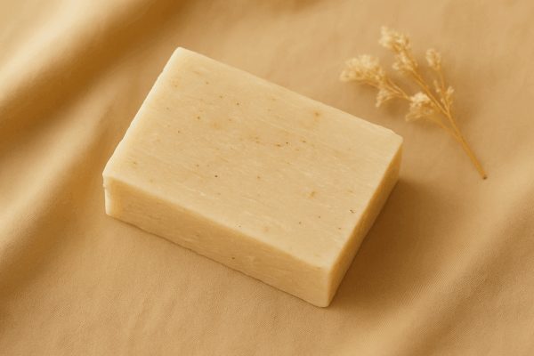 Savon artisanal au Palo Santo posé sur un tissu beige avec une fleur séchée – soin purifiant et naturel
