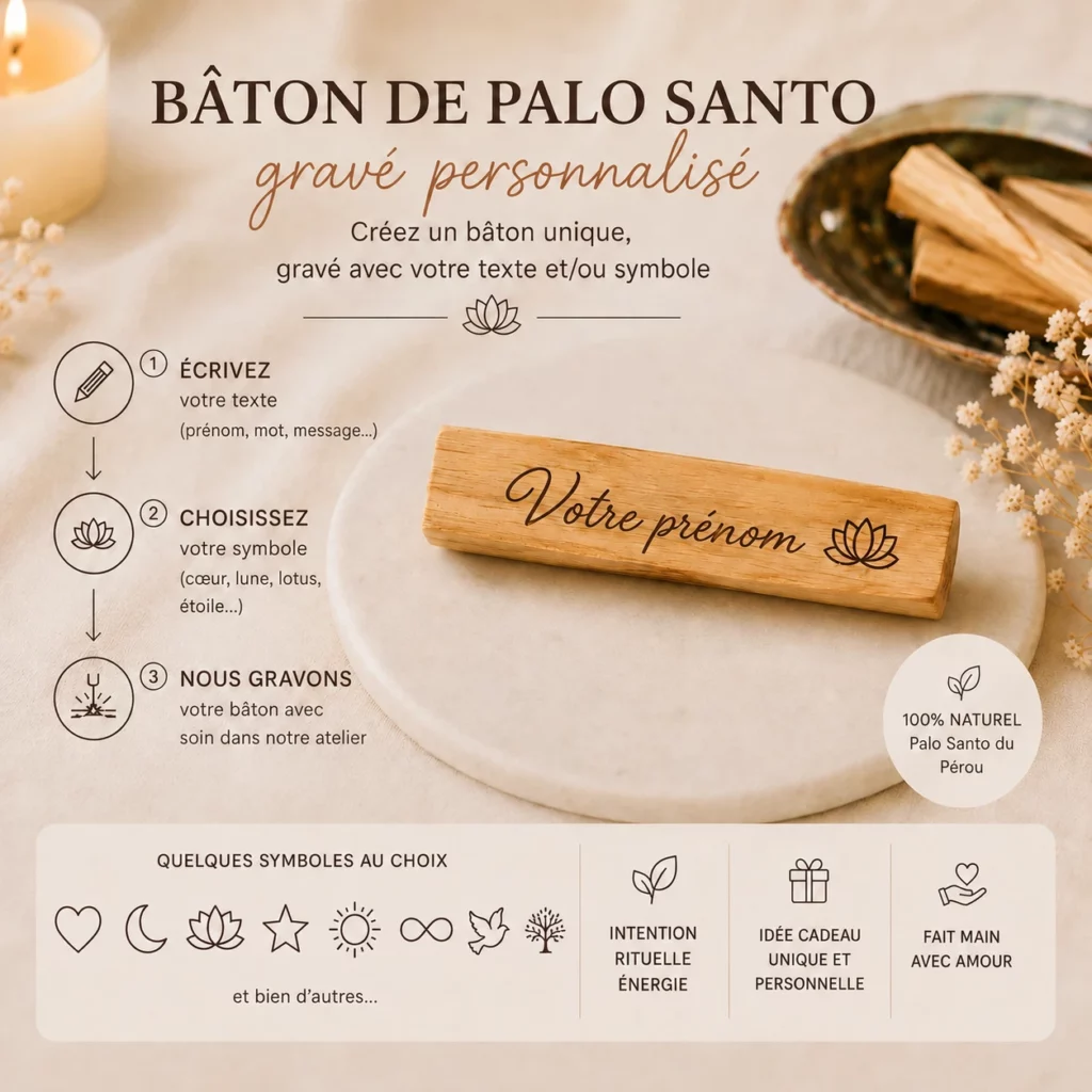 Bâton de Palo Santo gravé personnalisé avec texte, prénom et symbole au choix