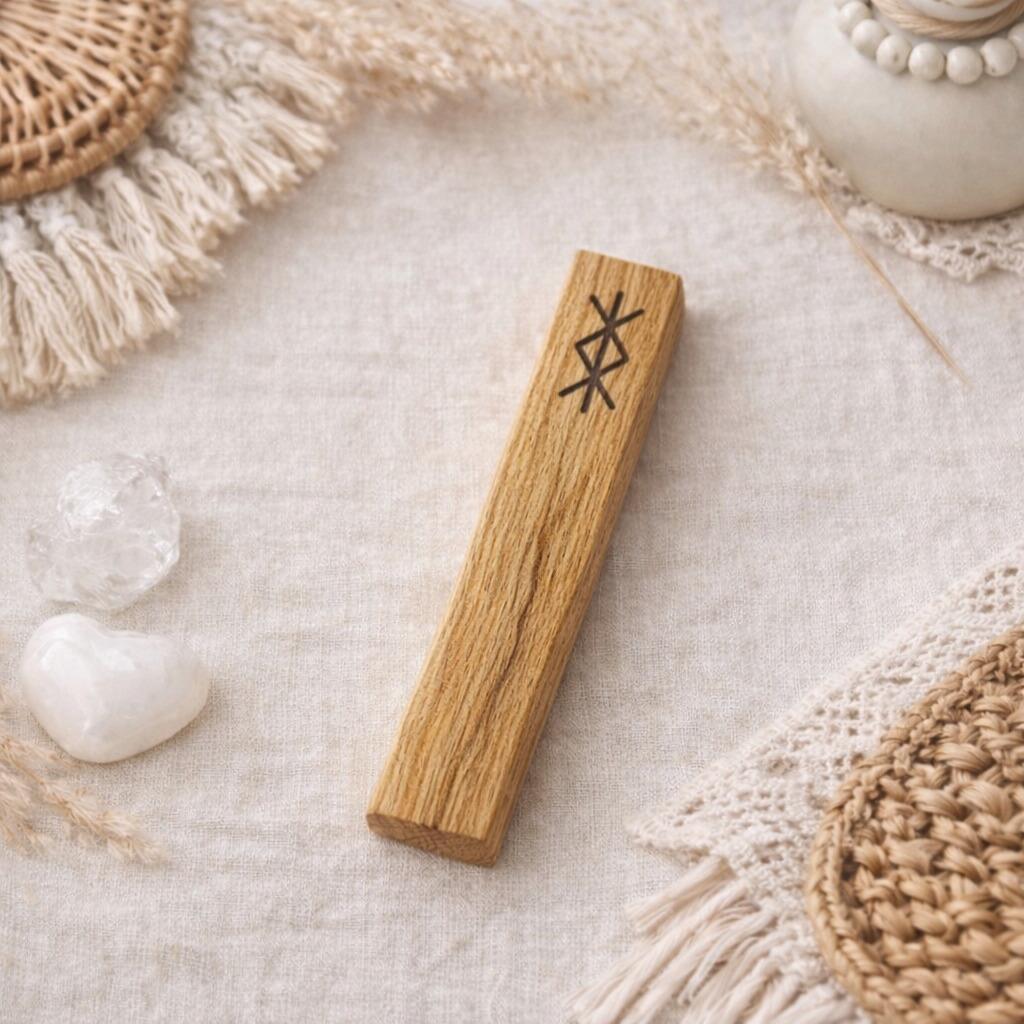 Bâton en Palo Santo gravé d’une rune de protection, posé dans une ambiance naturelle et bohème