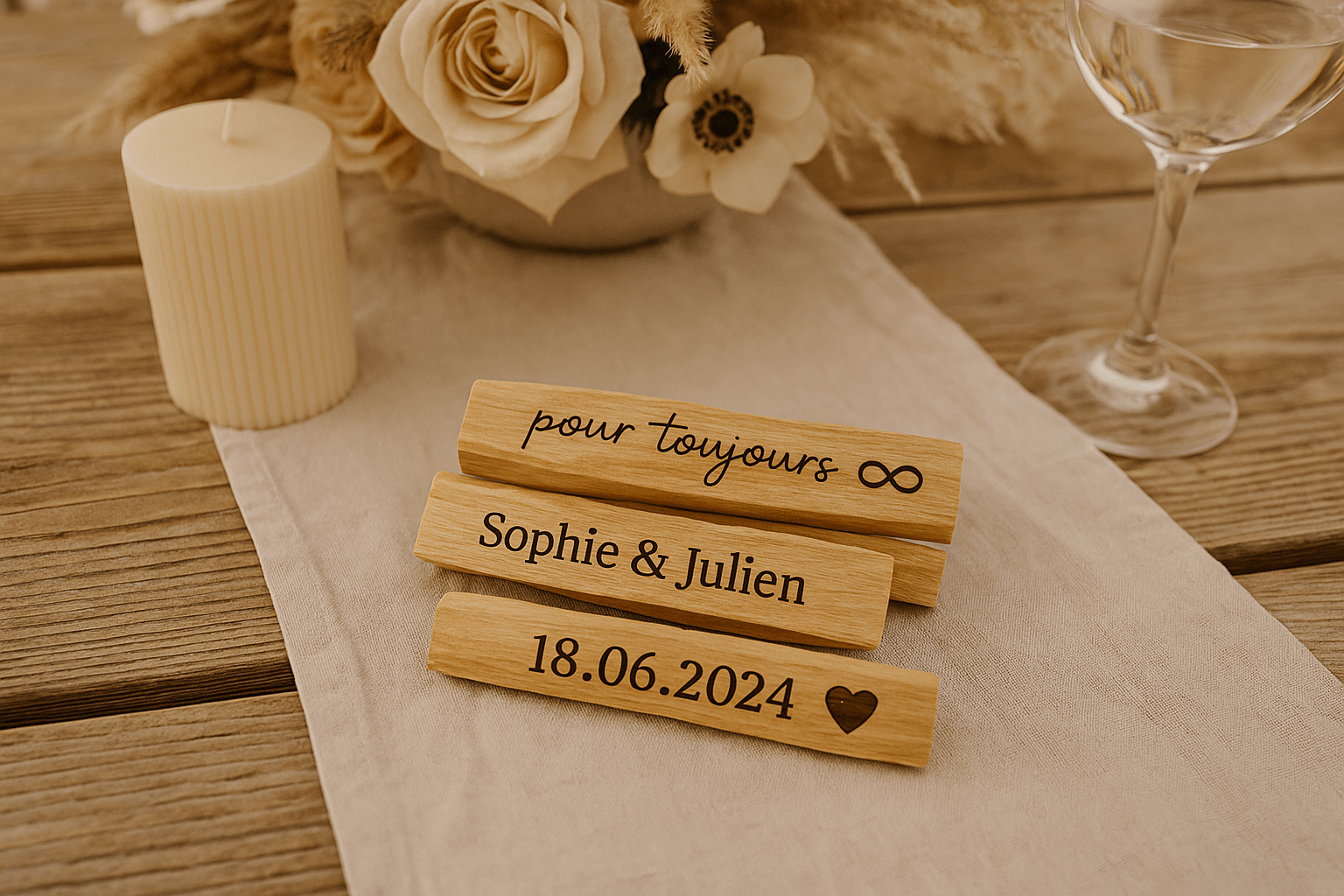 Bâtons de Palo Santo gravés pour un mariage Bâtons de Palo Santo gravés personnalisés pour un mariage – Sophie & Julien, 18.06.2024