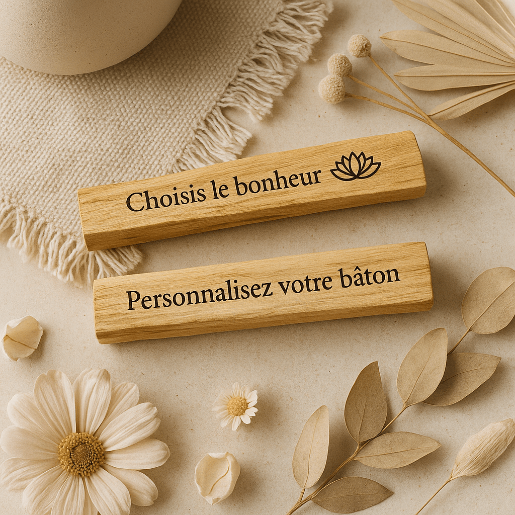Deux bâtons de Palo Santo gravés avec les inscriptions « Choisis le bonheur » accompagné d’un symbole de fleur de lotus, et « Personnalisez votre bâton », entourés de fleurs séchées dans une ambiance naturelle et bohème.