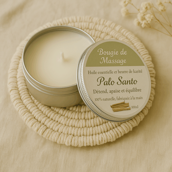 Bougie de massage au Palo Santo – soin relaxant et rituel de purification énergétique