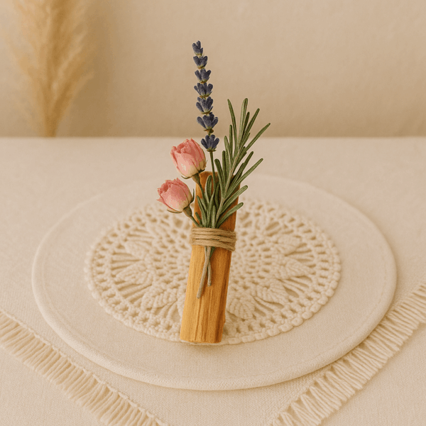 Bâton de palo santo avec fleurs et plantes sacrées pour la purification et les rituels sacrés