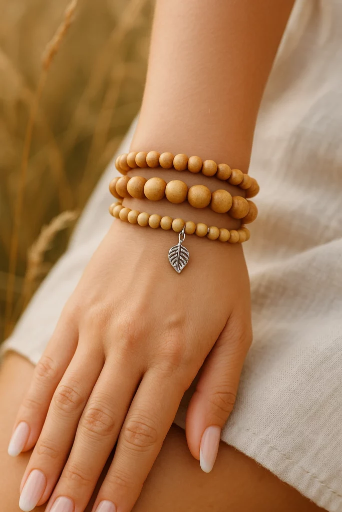 Bracelet en Palo Santo porté au poignet, bijou énergétique en bois sacré pour protection et ancrage