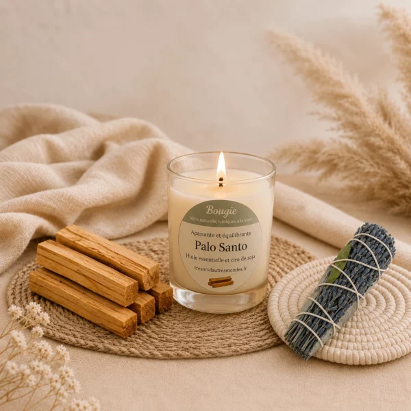 Kit de purification maison avec bâtons de Palo Santo, bougie Palo Santo et bouquet de sauge blanche lavande laurier