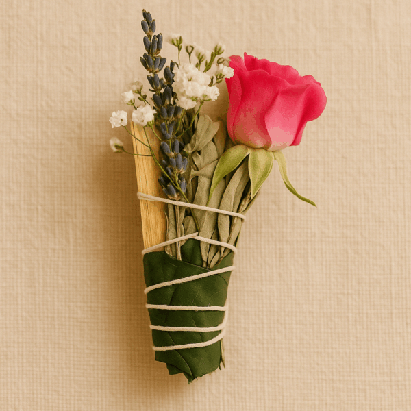 Bouquet de purification avec sauge blanche, bois de Palo Santo, lavande et rose pour nettoyage énergétique et rituel spirituel