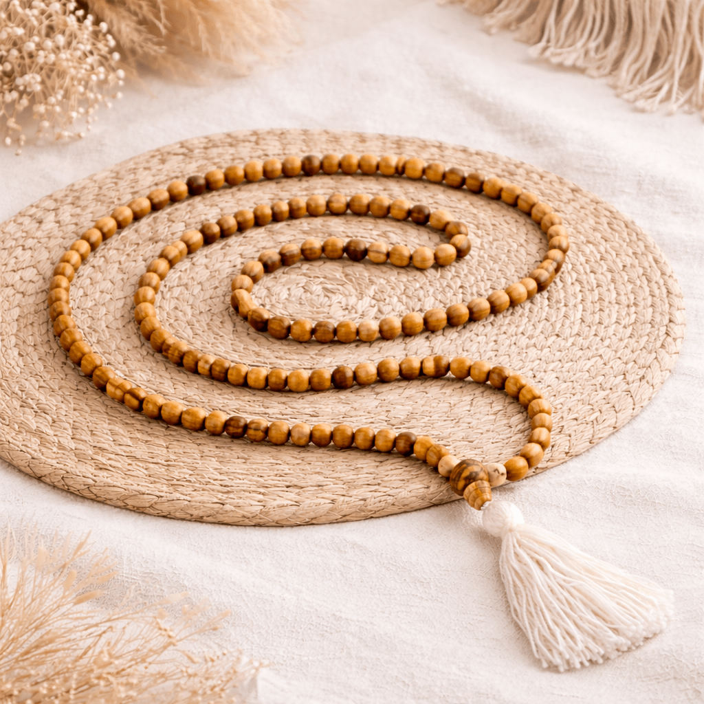 Mala en Palo Santo avec pompon blanc, collier spirituel de protection pour méditation et rituels