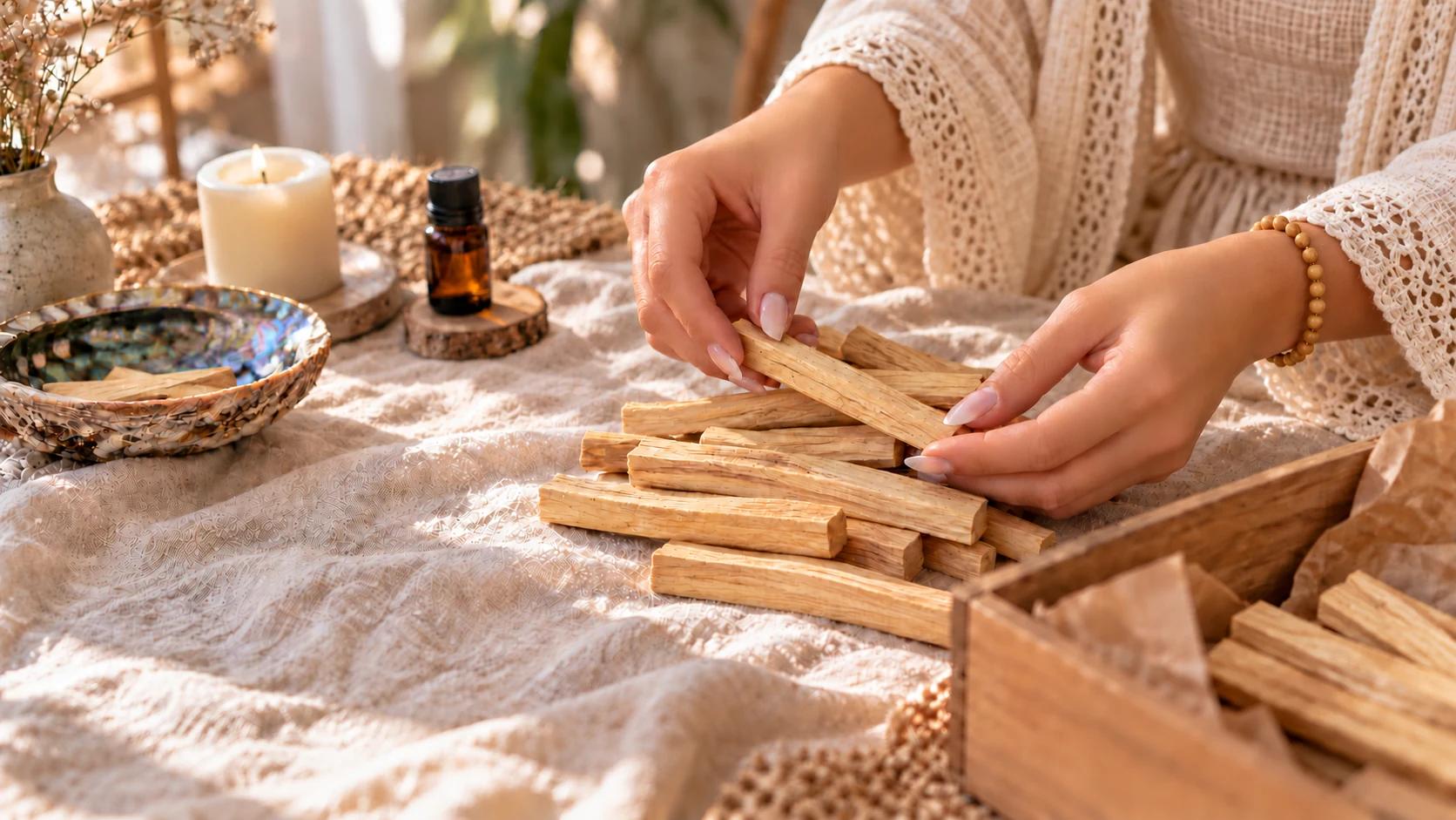 Préparation artisanale de bâtons de Palo Santo avec un bracelet en perles de Palo Santo