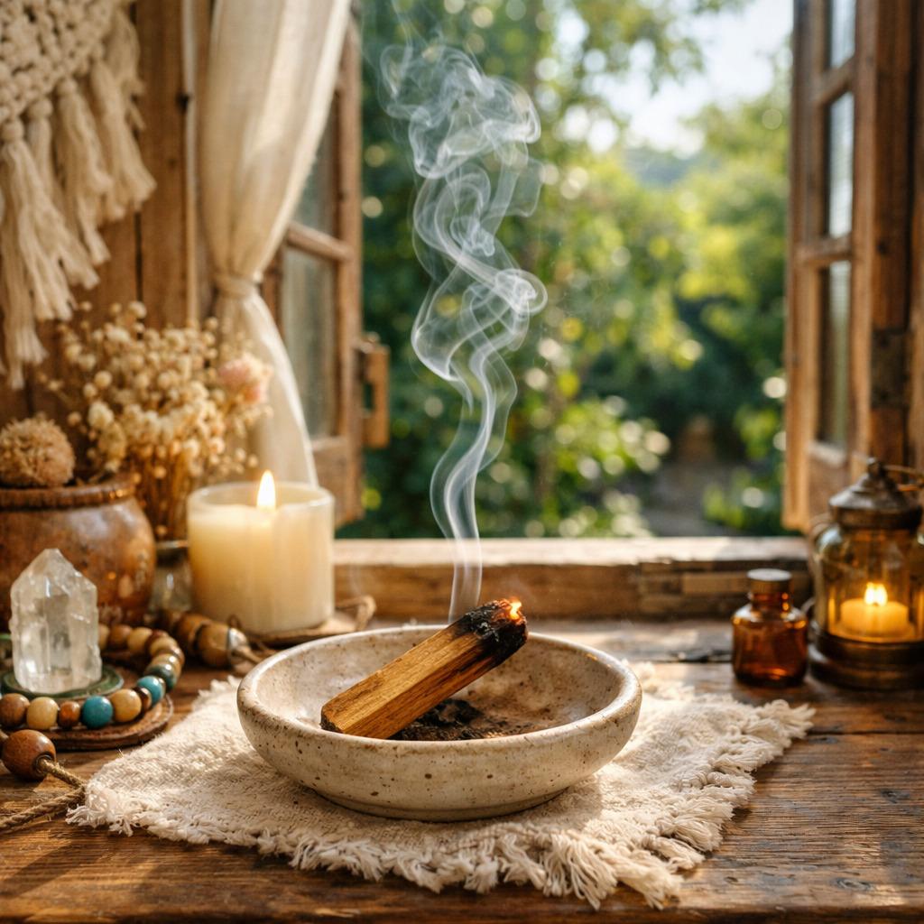 Bâton de Palo Santo allumé pour la purification énergétique, dans une coupelle devant une fenêtre ouverte