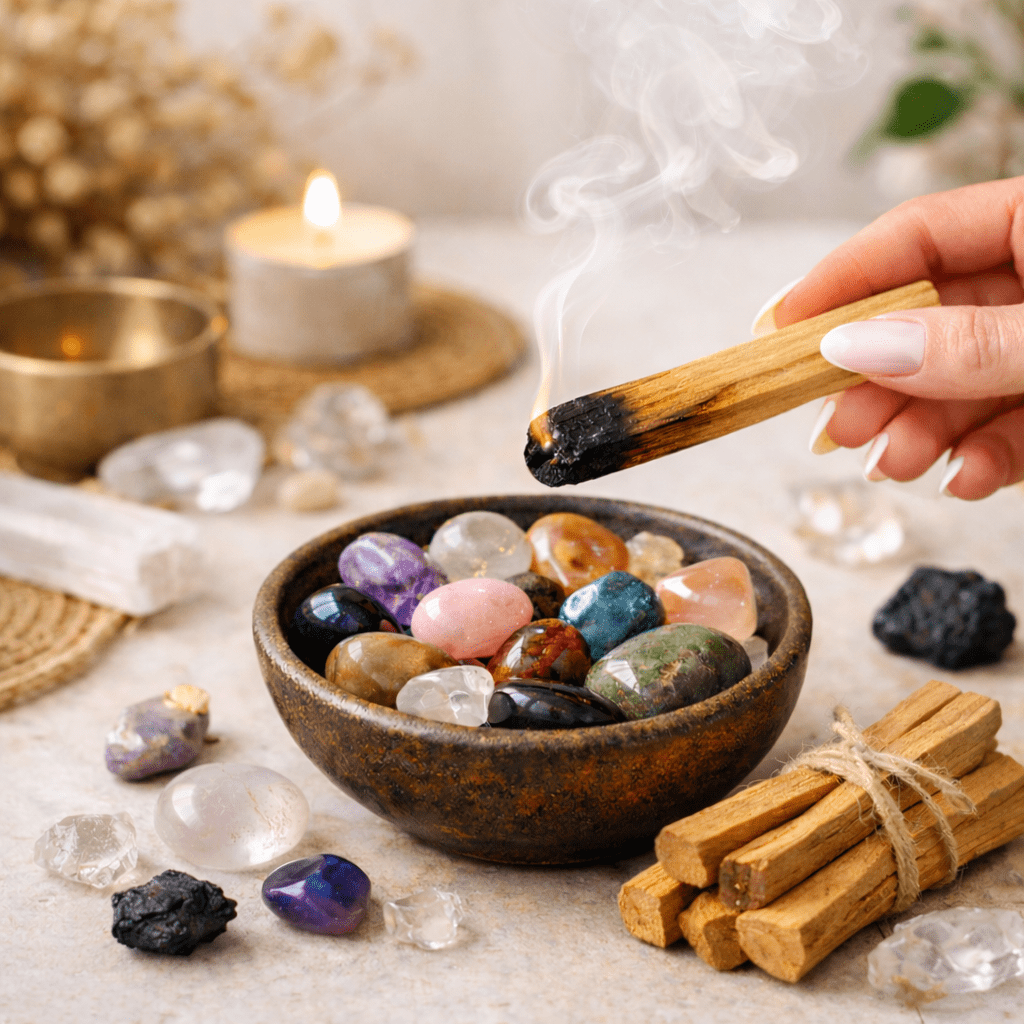 Purification des pierres au palo santo avec main de femme dans un rituel énergétique bohème