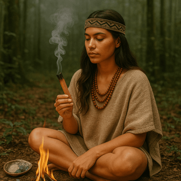 Femme en méditation avec palo santo dans la forêt amazonienne
