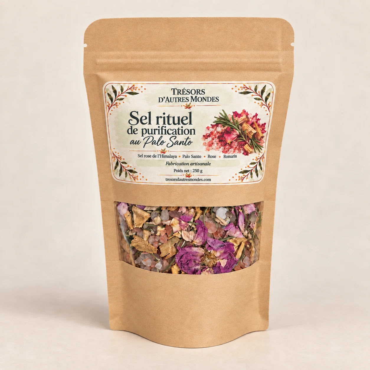 Sachet de sel rituel de purification au Palo Santo, rose et romarin