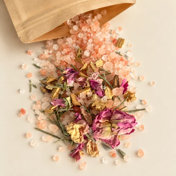 Sel rose de l’Himalaya avec Palo Santo, pétales de rose et romarin