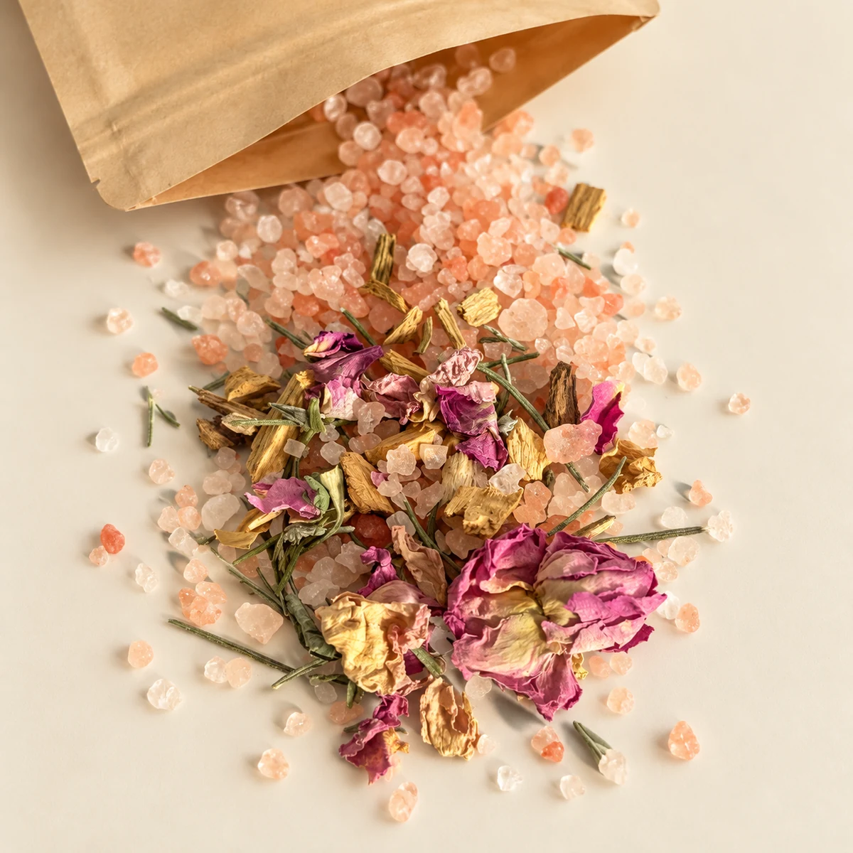 Sel rose de l’Himalaya avec Palo Santo, pétales de rose et romarin